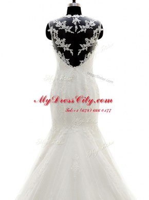 Mermaid White Cap Sleeves Lace Brush Train Side Zipper Wedding Gowns for Wedding Party