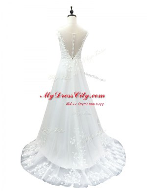 Glorious Scoop Sleeveless Wedding Dress With Brush Train Lace White Tulle