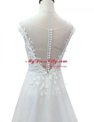 Glorious Scoop Sleeveless Wedding Dress With Brush Train Lace White Tulle