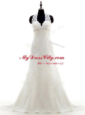 Halter Top White Wedding Dress Wedding Party and For with Lace and Appliques Scalloped Sleeveless Brush Train Lace Up