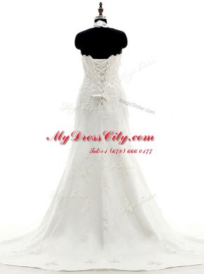 Halter Top White Wedding Dress Wedding Party and For with Lace and Appliques Scalloped Sleeveless Brush Train Lace Up
