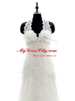 Halter Top White Wedding Dress Wedding Party and For with Lace and Appliques Scalloped Sleeveless Brush Train Lace Up