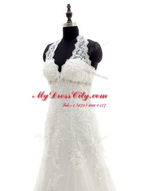 Halter Top White Wedding Dress Wedding Party and For with Lace and Appliques Scalloped Sleeveless Brush Train Lace Up