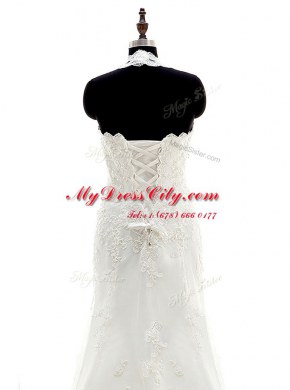 Halter Top White Wedding Dress Wedding Party and For with Lace and Appliques Scalloped Sleeveless Brush Train Lace Up