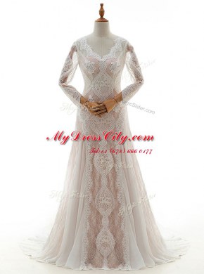 Lace V-neck Long Sleeves Brush Train Zipper Lace Wedding Dresses in White