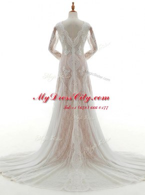 Lace V-neck Long Sleeves Brush Train Zipper Lace Wedding Dresses in White