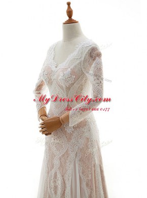 Lace V-neck Long Sleeves Brush Train Zipper Lace Wedding Dresses in White