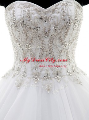 Excellent White Ball Gowns Organza Sweetheart Sleeveless Beading With Train Clasp Handle Bridal Gown Brush Train