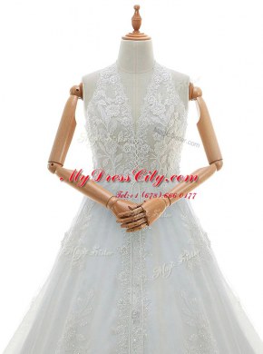 Lace White Zipper Wedding Dresses Appliques Sleeveless With Brush Train