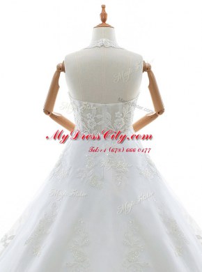 Lace White Zipper Wedding Dresses Appliques Sleeveless With Brush Train