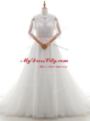 Captivating Scoop 3 4 Length Sleeve Organza With Brush Train Clasp Handle Wedding Dresses in White with Beading and Lace