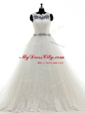 Hot Sale Scalloped Sleeveless Tulle With Brush Train Clasp Handle Wedding Gowns in White with Beading and Lace and Appliques