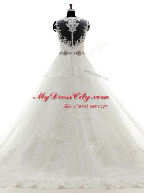 Hot Sale Scalloped Sleeveless Tulle With Brush Train Clasp Handle Wedding Gowns in White with Beading and Lace and Appliques