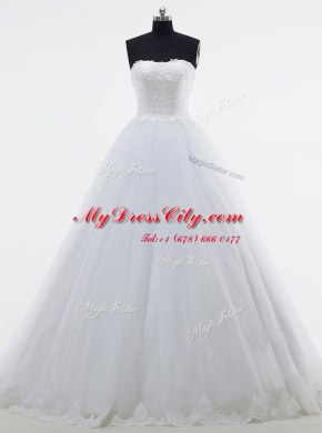 Adorable Brush Train Ball Gowns Wedding Dress White Strapless Tulle Sleeveless With Train Clasp Handle