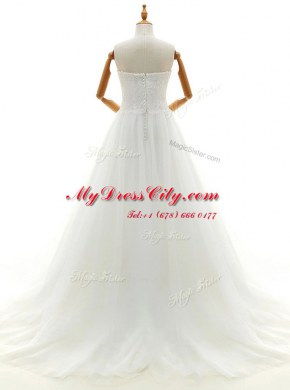Glorious White Sleeveless Brush Train Lace With Train Wedding Dress