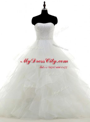 Glorious Strapless Sleeveless Wedding Dresses Floor Length Beading and Ruffles White Organza