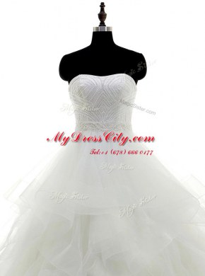 Glorious Strapless Sleeveless Wedding Dresses Floor Length Beading and Ruffles White Organza