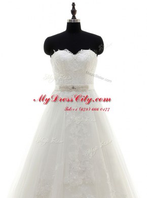 Suitable Lace Sleeveless Brush Train Zipper With Train Sashes ribbons Bridal Gown