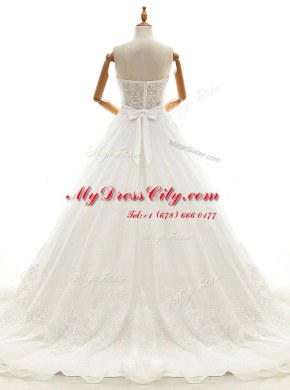 White Sleeveless Organza Court Train Zipper Bridal Gown for Wedding Party