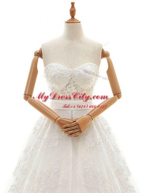 White Sleeveless Organza Court Train Zipper Bridal Gown for Wedding Party