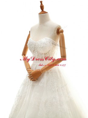 White Sleeveless Organza Court Train Zipper Bridal Gown for Wedding Party