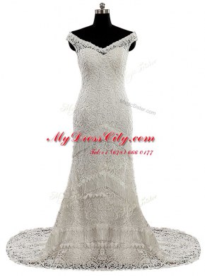 Lace With Train White Wedding Dresses V-neck Cap Sleeves Brush Train Zipper