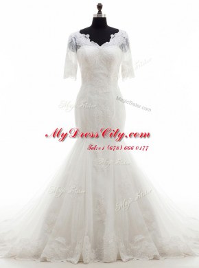 Fantastic Mermaid Half Sleeves Tulle With Train Court Train Clasp Handle Wedding Dress in White with Lace and Appliques
