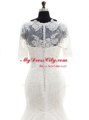 Fantastic Mermaid Half Sleeves Tulle With Train Court Train Clasp Handle Wedding Dress in White with Lace and Appliques