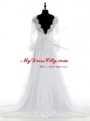 Long Sleeves Chiffon With Brush Train Backless Wedding Dress in White with Lace