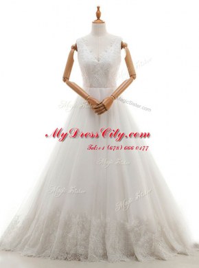 Pretty White Organza and Tulle Zipper V-neck Sleeveless With Train Wedding Gown Court Train Lace and Appliques