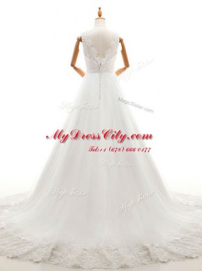Pretty White Organza and Tulle Zipper V-neck Sleeveless With Train Wedding Gown Court Train Lace and Appliques