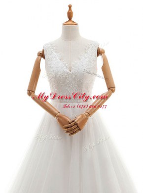 Pretty White Organza and Tulle Zipper V-neck Sleeveless With Train Wedding Gown Court Train Lace and Appliques