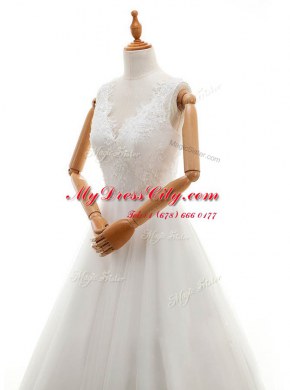 Pretty White Organza and Tulle Zipper V-neck Sleeveless With Train Wedding Gown Court Train Lace and Appliques