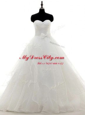Pick Ups White Long Sleeves Satin and Organza Sweep Train Zipper Wedding Dress for Wedding Party