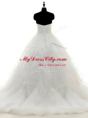 Pick Ups White Long Sleeves Satin and Organza Sweep Train Zipper Wedding Dress for Wedding Party