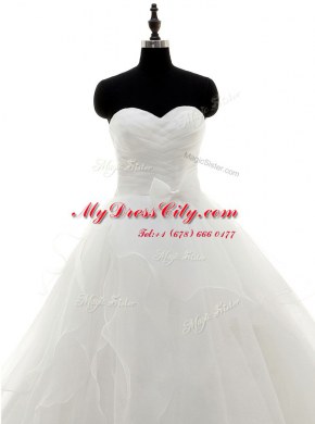 Pick Ups White Long Sleeves Satin and Organza Sweep Train Zipper Wedding Dress for Wedding Party
