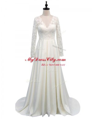 Fancy White Long Sleeves Satin Brush Train Clasp Handle Wedding Gown for Wedding Party