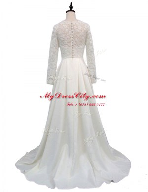Fancy White Long Sleeves Satin Brush Train Clasp Handle Wedding Gown for Wedding Party