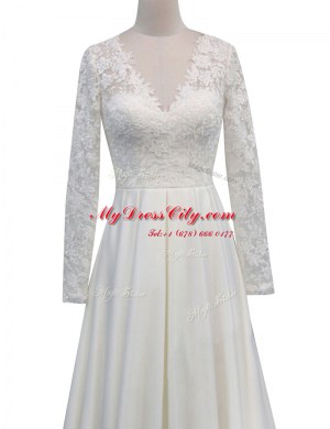 Fancy White Long Sleeves Satin Brush Train Clasp Handle Wedding Gown for Wedding Party