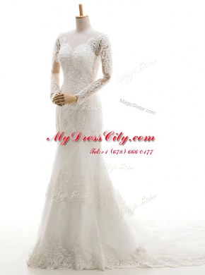 Exceptional White Mermaid Lace V-neck Long Sleeves Lace and Appliques With Train Clasp Handle Wedding Gown Brush Train