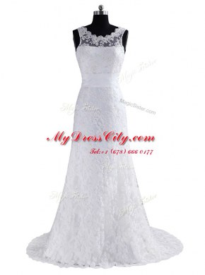 Noble Scoop White Lace Backless Wedding Dresses Sleeveless With Brush Train Lace and Appliques and Bowknot