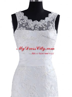 Noble Scoop White Lace Backless Wedding Dresses Sleeveless With Brush Train Lace and Appliques and Bowknot