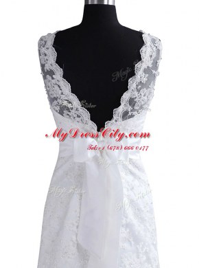Noble Scoop White Lace Backless Wedding Dresses Sleeveless With Brush Train Lace and Appliques and Bowknot