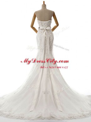 White Mermaid Lace Sweetheart Sleeveless Beading and Lace and Appliques With Train Lace Up Wedding Dress Brush Train