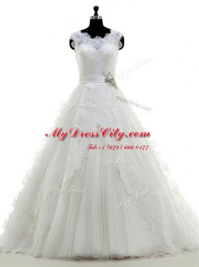 Scoop Lace With Train A-line Sleeveless White Wedding Dresses Brush Train Clasp Handle