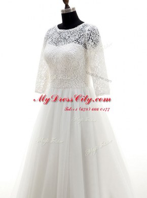 Scoop White A-line Lace Wedding Dresses Clasp Handle Tulle Half Sleeves With Train