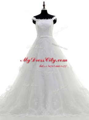 White A-line Scoop Sleeveless Tulle With Train Sweep Train Zipper Beading and Lace and Hand Made Flower Wedding Gowns
