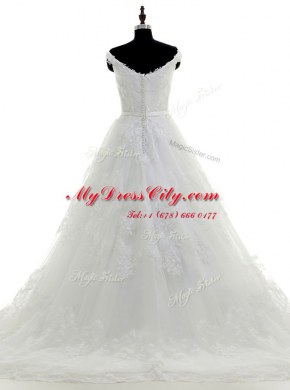 White A-line Scoop Sleeveless Tulle With Train Sweep Train Zipper Beading and Lace and Hand Made Flower Wedding Gowns