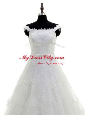 White A-line Scoop Sleeveless Tulle With Train Sweep Train Zipper Beading and Lace and Hand Made Flower Wedding Gowns