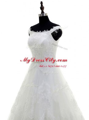 White A-line Scoop Sleeveless Tulle With Train Sweep Train Zipper Beading and Lace and Hand Made Flower Wedding Gowns